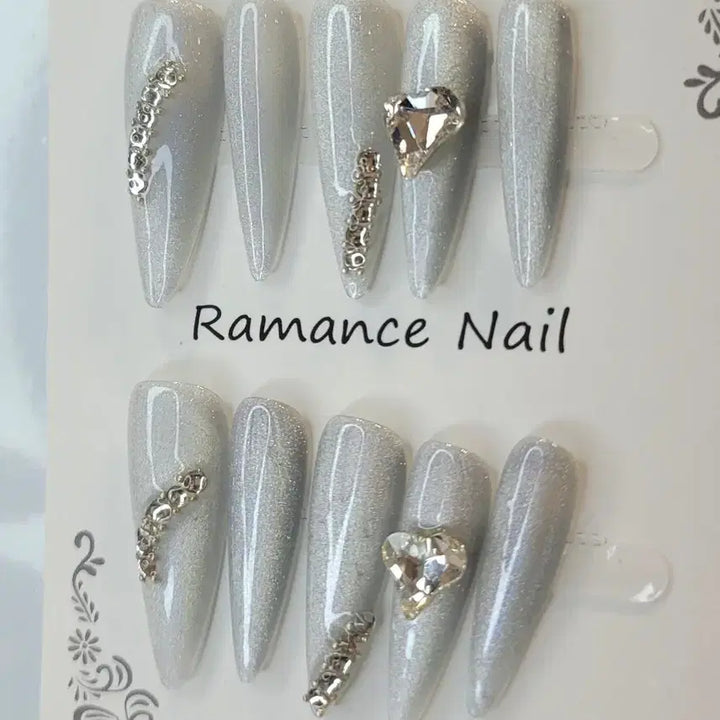 [BUNJANG] Handmade Nail Tips Silver Pearl Almond M Size / 실버 펄 아몬드 수제네일팁 새상품 M