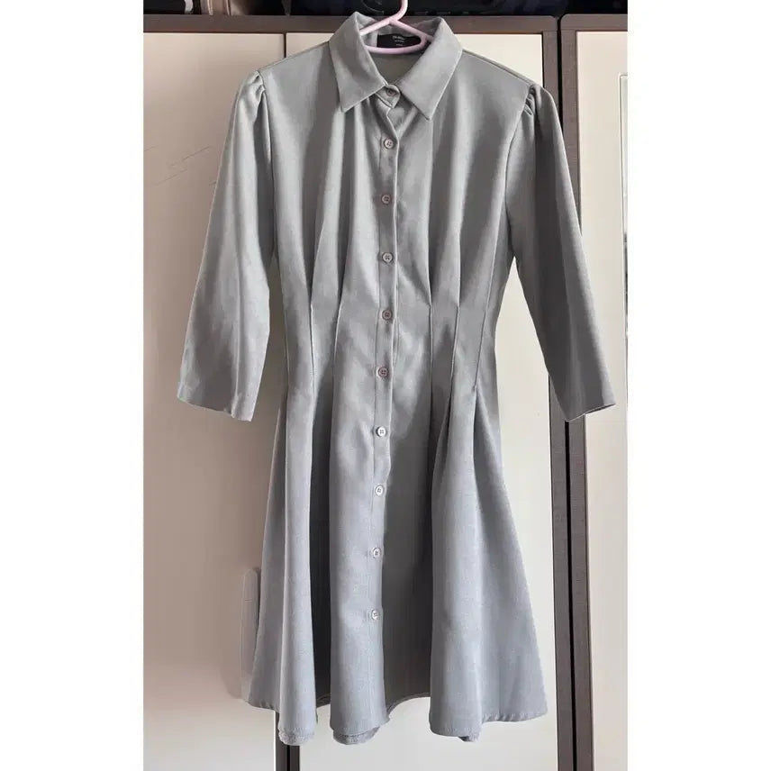 [BUNJANG] Mixed Sky Blue and Grey Color Block Dress with Belt / (택포) 카라 원피스