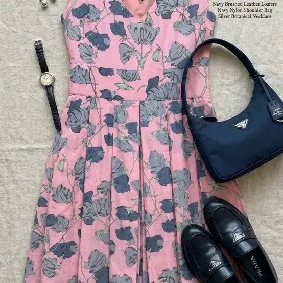 [BUNJANG] Prada Pink Flower Pattern Midi Dress Size 55 / 프라다 핑크 플라워 패턴 원피스 55