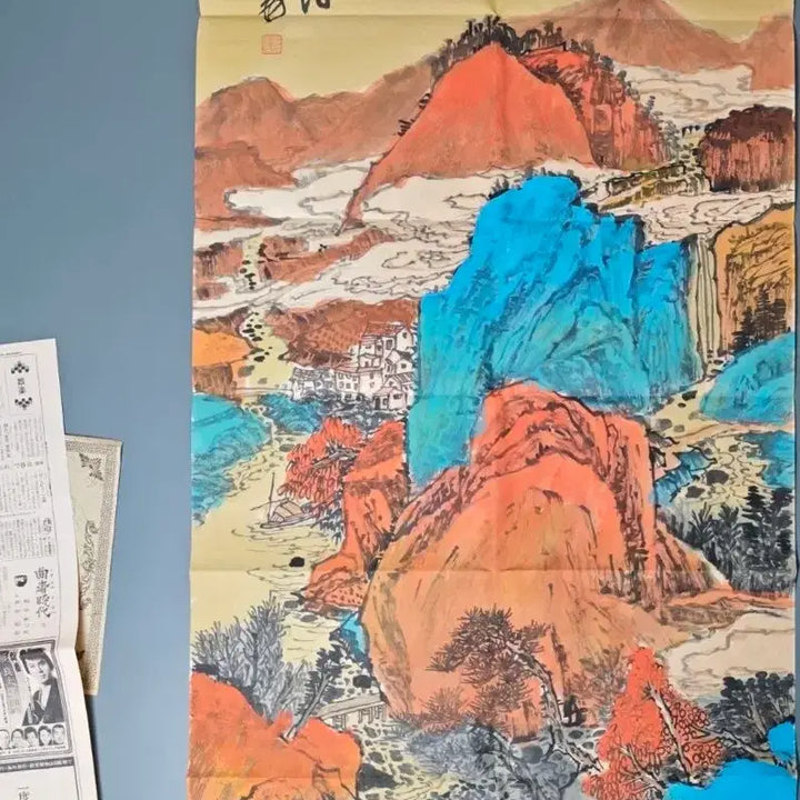 [BUNJANG] Zhang Daqian (張大千) "Autumn River Still Moored" (秋江靜泊) Large Ink and Color Landscape Painting / 장대천 필 추강정박 청록산수도 육필 고서화 그림 골동품 미술품