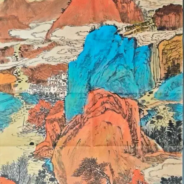 [BUNJANG] Zhang Daqian (張大千) "Autumn River Still Moored" (秋江靜泊) Large Ink and Color Landscape Painting / 장대천 필 추강정박 청록산수도 육필 고서화 그림 골동품 미술품