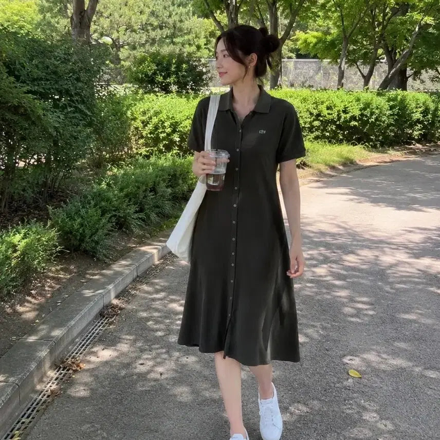[BUNJANG] Lacoste Authentic Khaki Polo Shirtdress Size S / 라코스테 정품  카키색 셔츠 원피스S