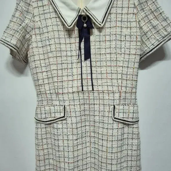 [BUNJANG] LINE Tweed Check Sailor Collar Short-Sleeved Dress Size 55 / LINE 정품 트위드 체크 반팔 원피스 세일러 칼라 55