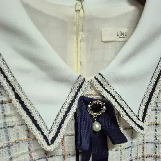 [BUNJANG] LINE Tweed Check Sailor Collar Short-Sleeved Dress Size 55 / LINE 정품 트위드 체크 반팔 원피스 세일러 칼라 55