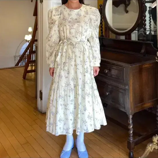 [BUNJANG] Floral Long Dress with Puff Sleeves and Waist Tie / 새상품 쇼핑몰정리 플라워 롱 원피스 퍼프소매 허리끈있음