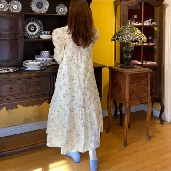 [BUNJANG] Floral Long Dress with Puff Sleeves and Waist Tie / 새상품 쇼핑몰정리 플라워 롱 원피스 퍼프소매 허리끈있음