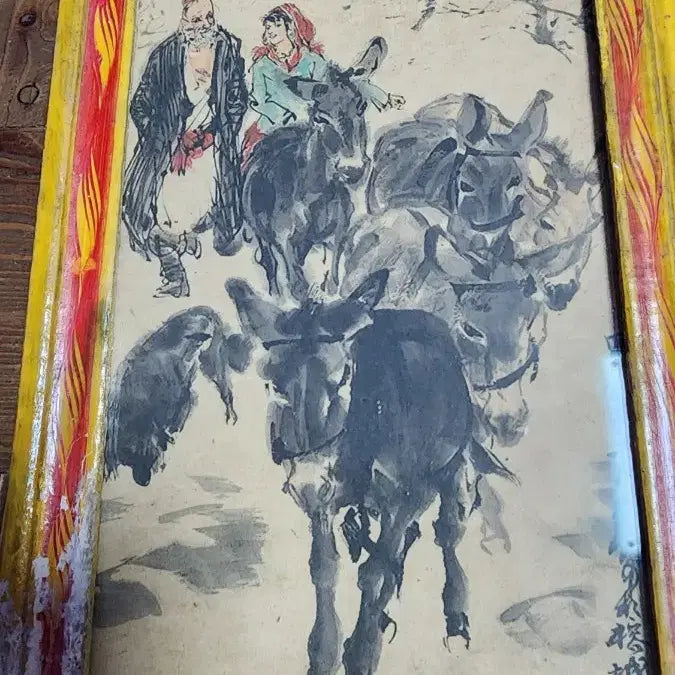 [BUNJANG] Vintage Oriental Painting Framed Art with Figures and Horses / 빈티지 풍경 인물.말 동양화 그림 액자