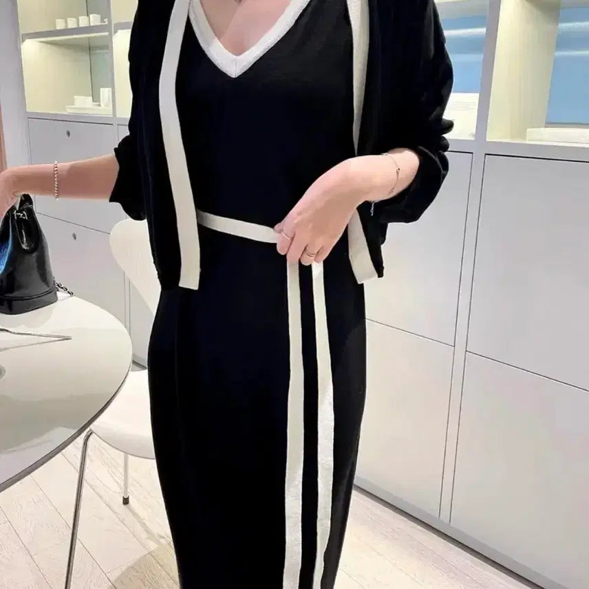 [BUNJANG] Color-Block Cardigan and Long Dress Set Black / 배색 가디건 롱원피스 세트 블랙