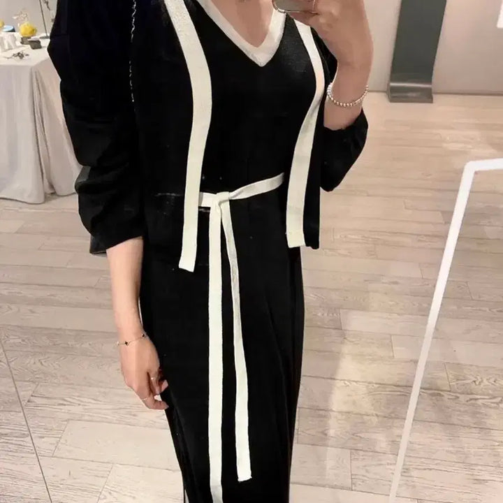 [BUNJANG] Color-Block Cardigan and Long Dress Set Black / 배색 가디건 롱원피스 세트 블랙