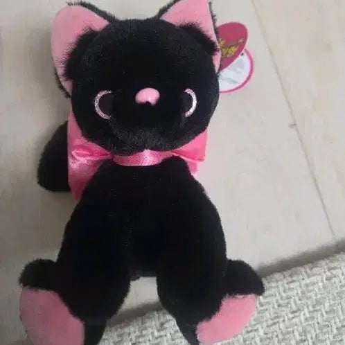 [BUNJANG] Black Cat Plush Keychain with Pink Ribbon / 핑크리본 검정 고양이 인형  키링