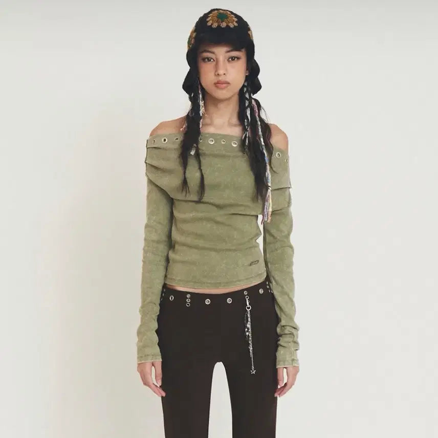 [BUNJANG] As If 90s Eyelet Off-Shoulder Top Green / 에즈이프캘리 아일렛 오프숄더 그린