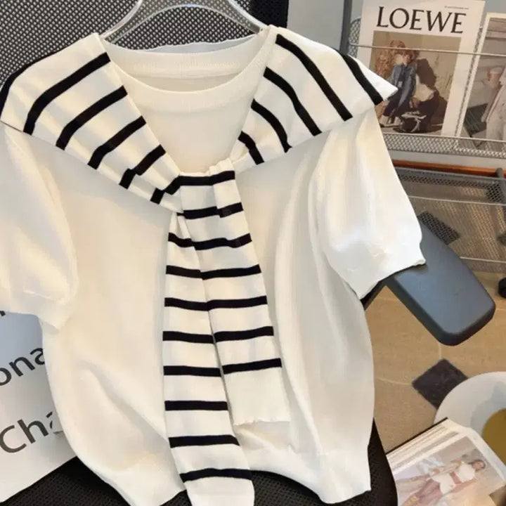 [BUNJANG] White Stripe Short Sleeve Knit Cardigan / 화이트 스트라이프 반팔 니트 가디건