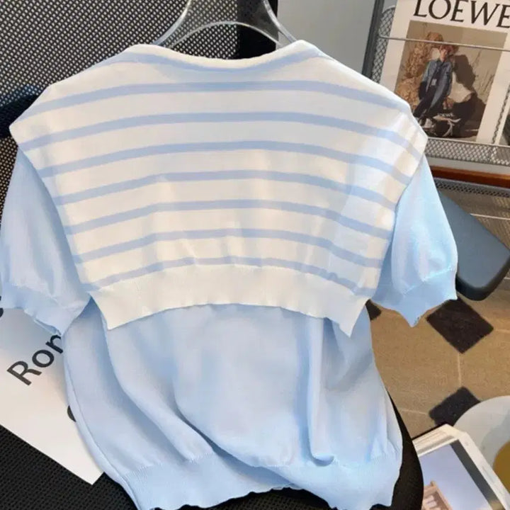 [BUNJANG] White Stripe Short Sleeve Knit Cardigan / 화이트 스트라이프 반팔 니트 가디건