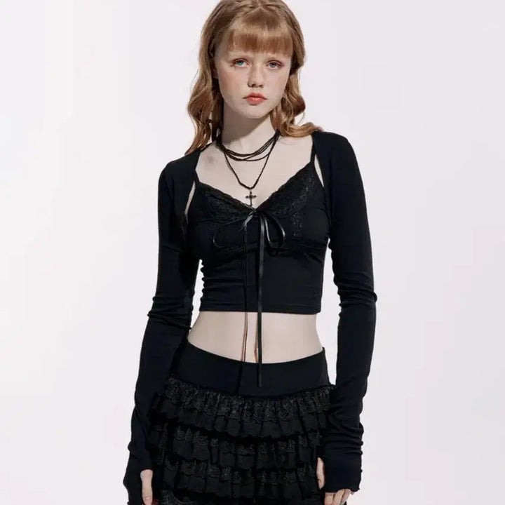 [BUNJANG] Rough Neck Lace Sleeveless T-Shirt - Black / 러프넥 레이스 슬리브리스 티셔츠 블랙