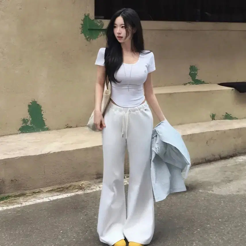 [BUNJANG] Holy Milk Span U-Neck Short Sleeve T-Shirt - White / 홀리 밀크 스판 유넥 반팔티 - 화이트