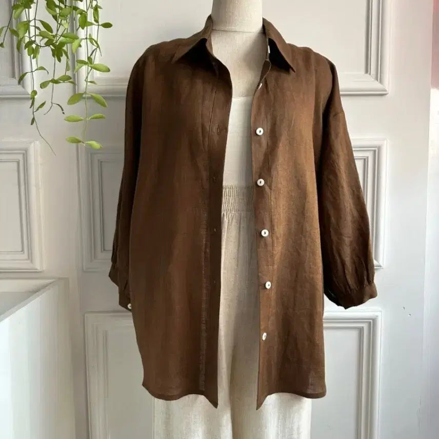[BUNJANG] 100% Linen Brown Shirt / 린넨100 브라운 마 셔츠 남방(~88까지)