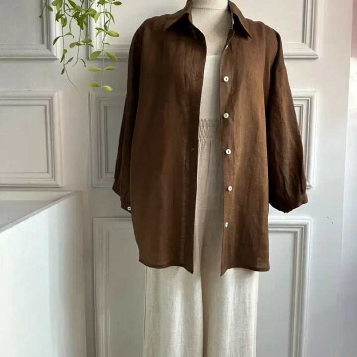[BUNJANG] 100% Linen Brown Shirt / 린넨100 브라운 마 셔츠 남방(~88까지)