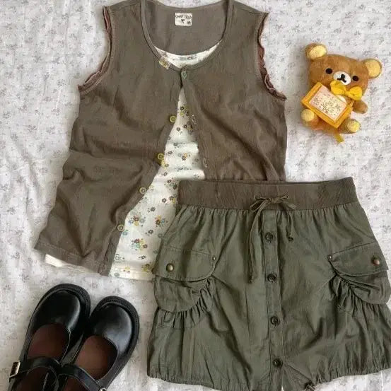 [BUNJANG] Morinogato Vintage Layered Sleeveless Cargo Skirt Set / 모리노가토빈티지 레이어드 바선생 나시 카고 스커트 세트
