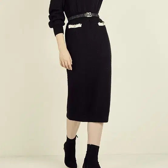 [BUNJANG] OBZEE Black Knit Long Dress Belt Set / 오브제 블랙 니트 롱 원피스 벨트 세트 55사이즈