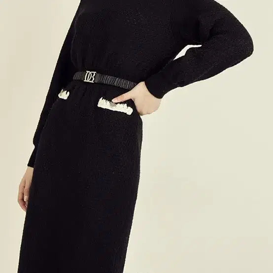 [BUNJANG] OBZEE Black Knit Long Dress Belt Set / 오브제 블랙 니트 롱 원피스 벨트 세트 55사이즈