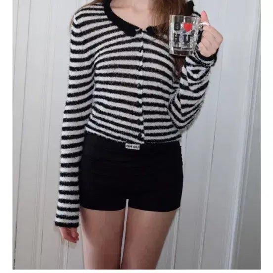 [BUNJANG] THEOHO SUMMER FURRY STRIPE KNIT CARDIGAN / 더오유 SUMMER FURRY STRIPE KNIT CARDIGAN