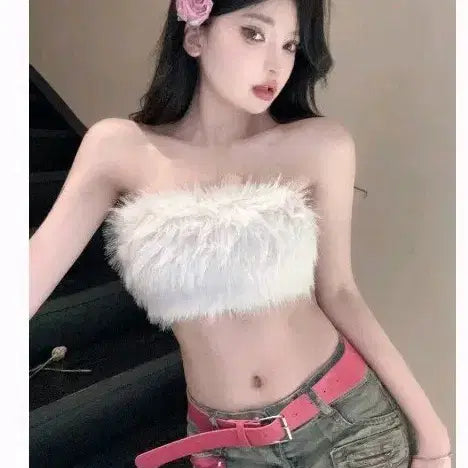 [BUNJANG] White Fur Tube Top Crop Tee / 화이트 퍼 튜브탑 크롭티 페스티벌룩