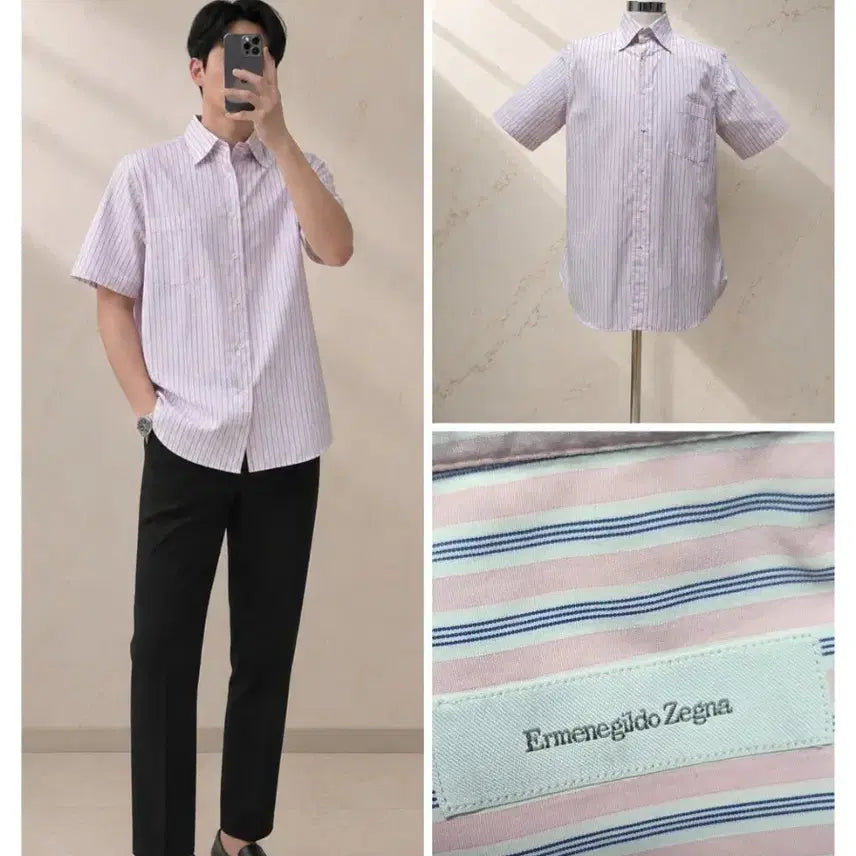 [BUNJANG] Ermenegildo Zegna Main Label Pink Stripe Short Sleeve Shirt / (정품) Ermenegildo Zegna 스트라이프 반팔 셔츠