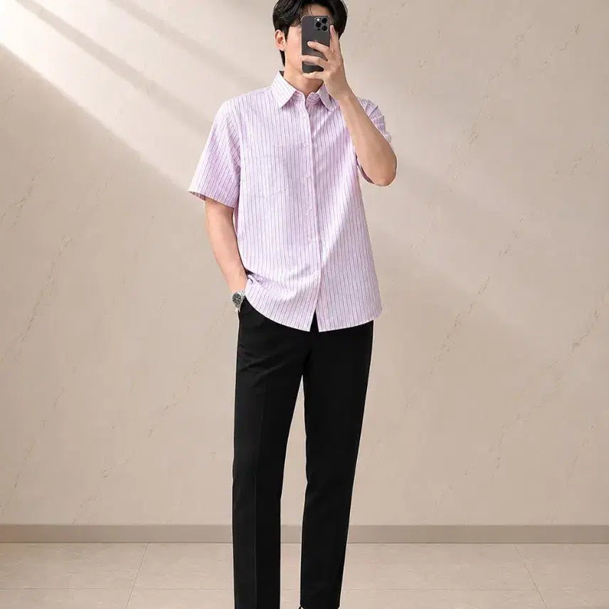 [BUNJANG] Ermenegildo Zegna Main Label Pink Stripe Short Sleeve Shirt / (정품) Ermenegildo Zegna 스트라이프 반팔 셔츠