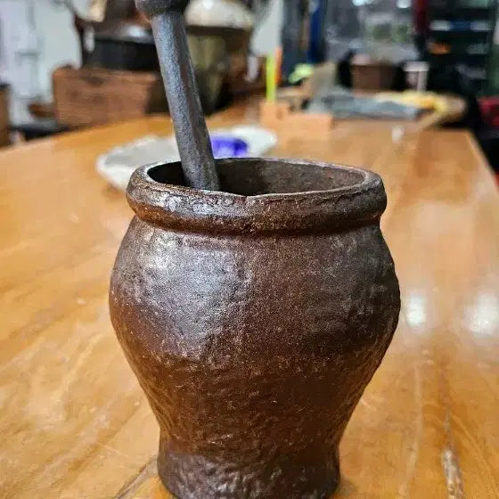 [BUNJANG] Antique Cast Iron Mortar and Pestle Set / 옛날. 무쇠 약절구 높14. 배볼록형