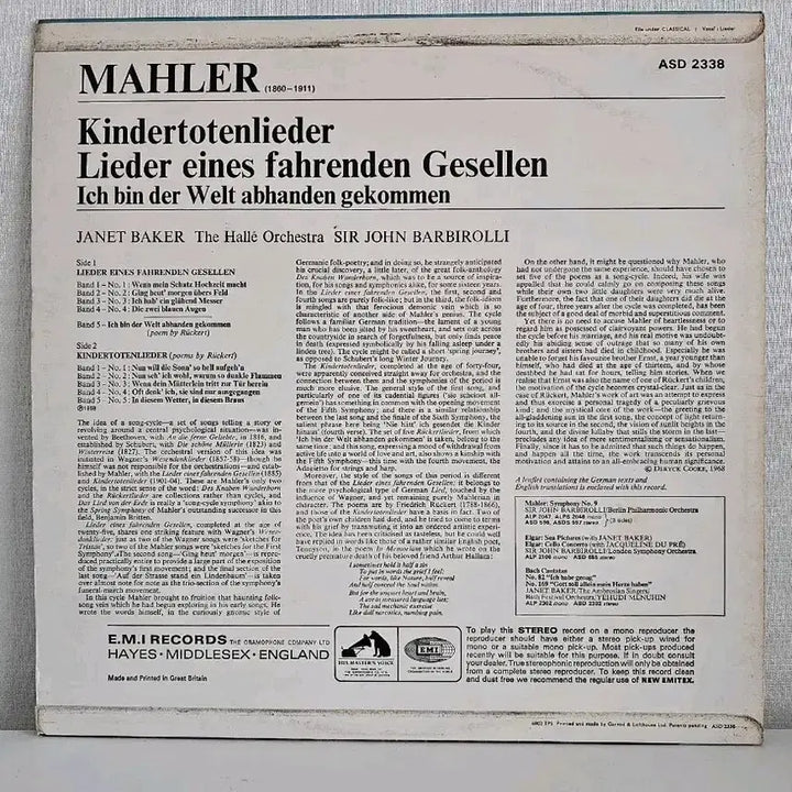 [BUNJANG] Janet Baker Mahler Lieder LP / Janet Baker 말러 가곡 LP