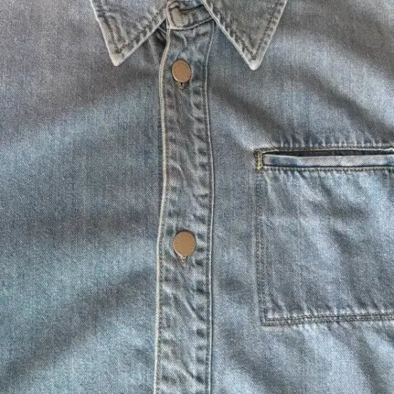 [BUNJANG] Solid Homme Blue Back Logo Short Sleeve Denim Shirt Size 48 / 솔리드 옴므 블루 백로고 숏슬리브 데님 셔츠 48