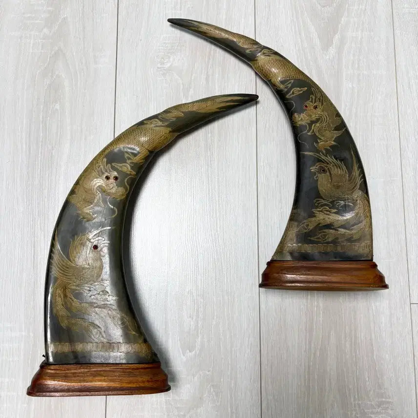 [BUNJANG] Antique Carved Buffalo Horns with Dragon and Phoenix Motif / BUFFALO HORNS 전통 방식으로 조각된 물소 뿔