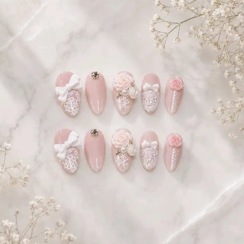[BUNJANG] Handmade Nail Tips with Rose, Pearl, and Lace Details / 수제 네일팁