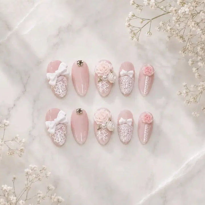 [BUNJANG] Handmade Nail Tips with Rose, Pearl, and Lace Details / 수제 네일팁
