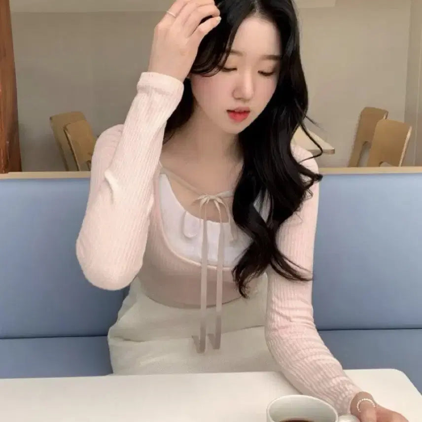 [BUNJANG] Levoir Pink Ribbon Ribbed T-shirt / 택달린 새상품) 르브아 핑크 리본 골지 티셔츠