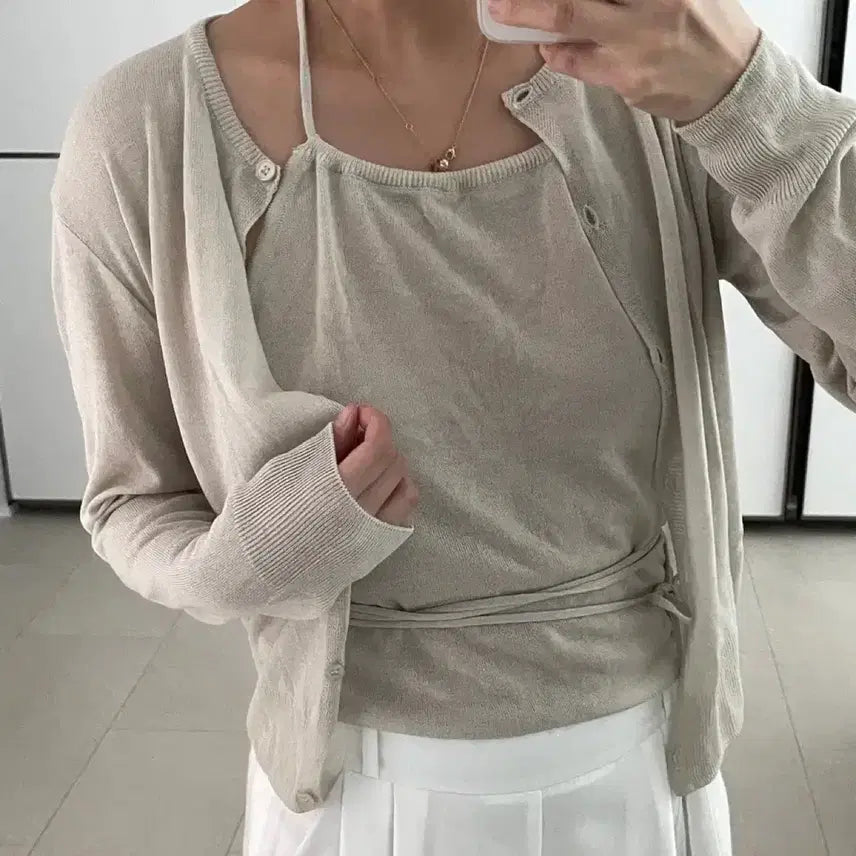 [BUNJANG] Foreve Halter Top + Cardigan Set - Beige / 포에브 홀터탑+가디건 세트