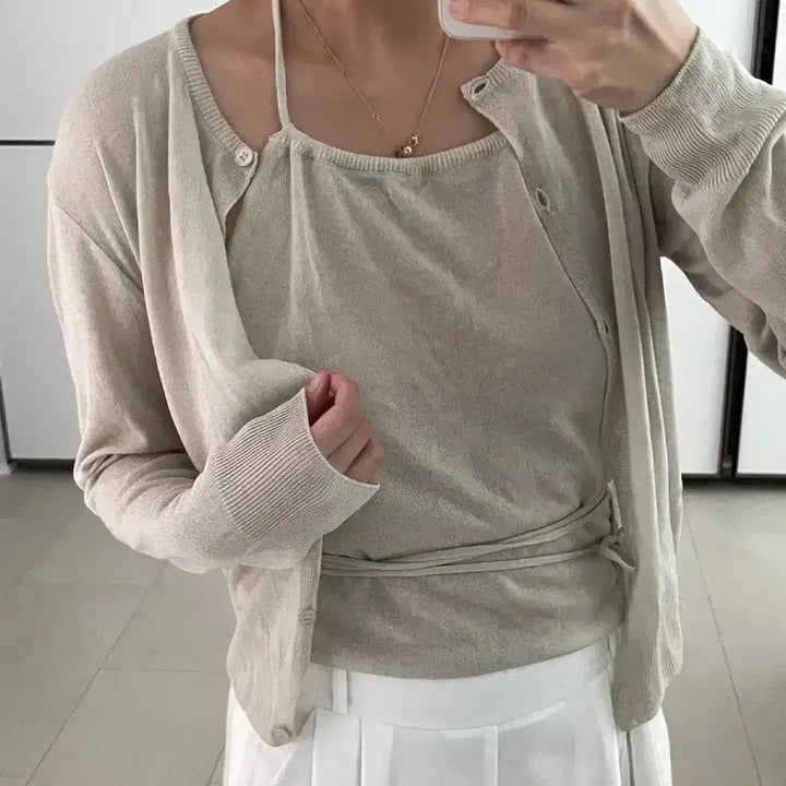 [BUNJANG] Foreve Halter Top + Cardigan Set - Beige / 포에브 홀터탑+가디건 세트