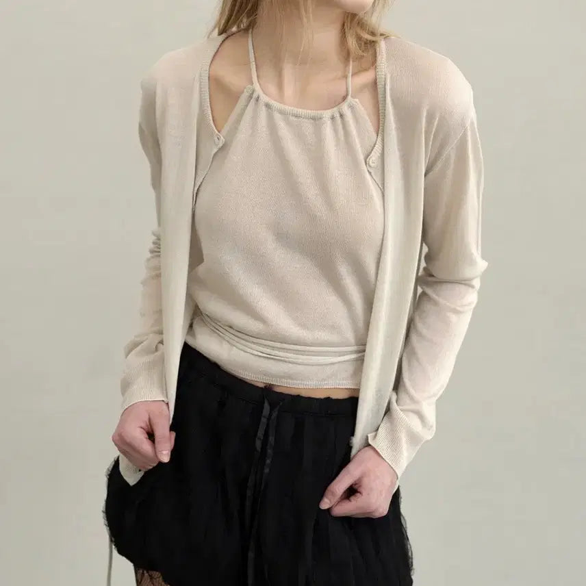 [BUNJANG] Foreve Halter Top + Cardigan Set - Beige / 포에브 홀터탑+가디건 세트
