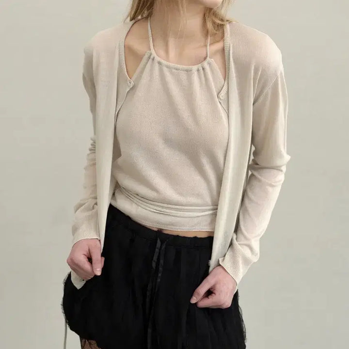 [BUNJANG] Foreve Halter Top + Cardigan Set - Beige / 포에브 홀터탑+가디건 세트