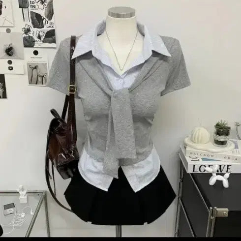 [BUNJANG] Gray Short-Sleeve T-Shirt with Tie Detail / 레이어드 스타일 회색 반팔티 새거