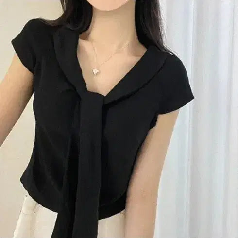 [BUNJANG] Ribbon Tie Black Short-Sleeve Blouse / 리본타이 블랙 반팔 블라우스 새거