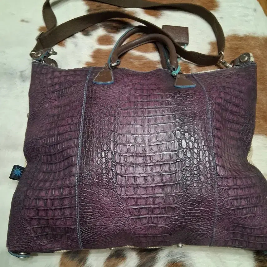 [BUNJANG] Purple Crocodile Leather Tote Bag Shoulder Bag / 보라색 크로커다일 가죽 토트백 숄더백