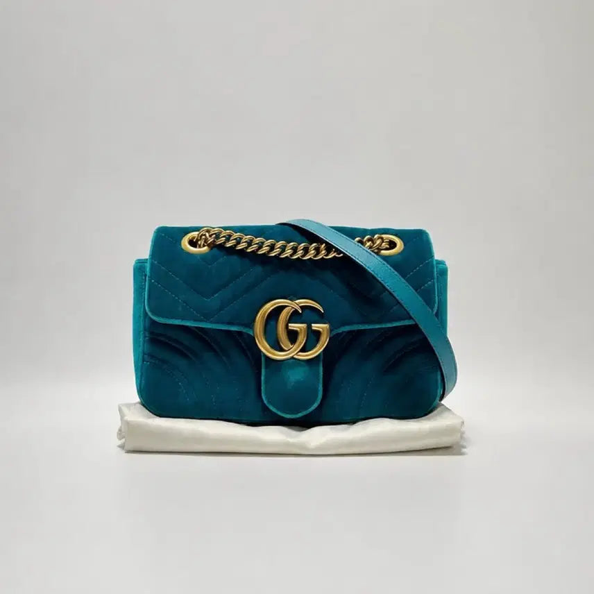 [BUNJANG] Gucci GG Marmont Matelassé Velvet Chain Shoulder Bag Mini Petrol Blue 446744 / 구찌 GG 마몽 마틀라세 벨벳 체인 숄더백 미니 페트롤 블루 446744
