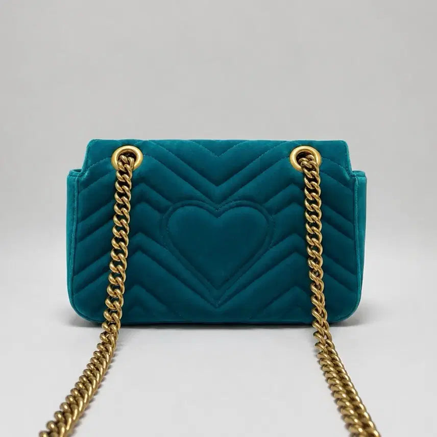 [BUNJANG] Gucci GG Marmont Matelassé Velvet Chain Shoulder Bag Mini Petrol Blue 446744 / 구찌 GG 마몽 마틀라세 벨벳 체인 숄더백 미니 페트롤 블루 446744