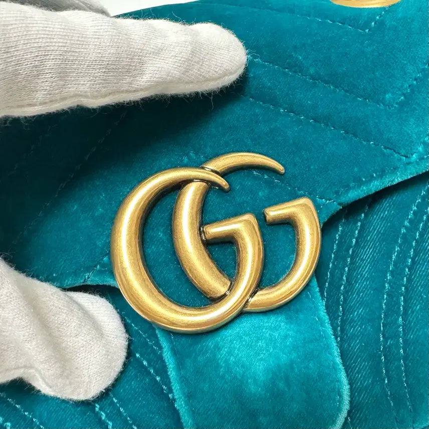 [BUNJANG] Gucci GG Marmont Matelassé Velvet Chain Shoulder Bag Mini Petrol Blue 446744 / 구찌 GG 마몽 마틀라세 벨벳 체인 숄더백 미니 페트롤 블루 446744