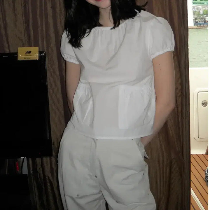 [BUNJANG] Pesto Pocket Shirring Blouse White / pesto 페스토 포켓 셔링 블라우스 화이트
