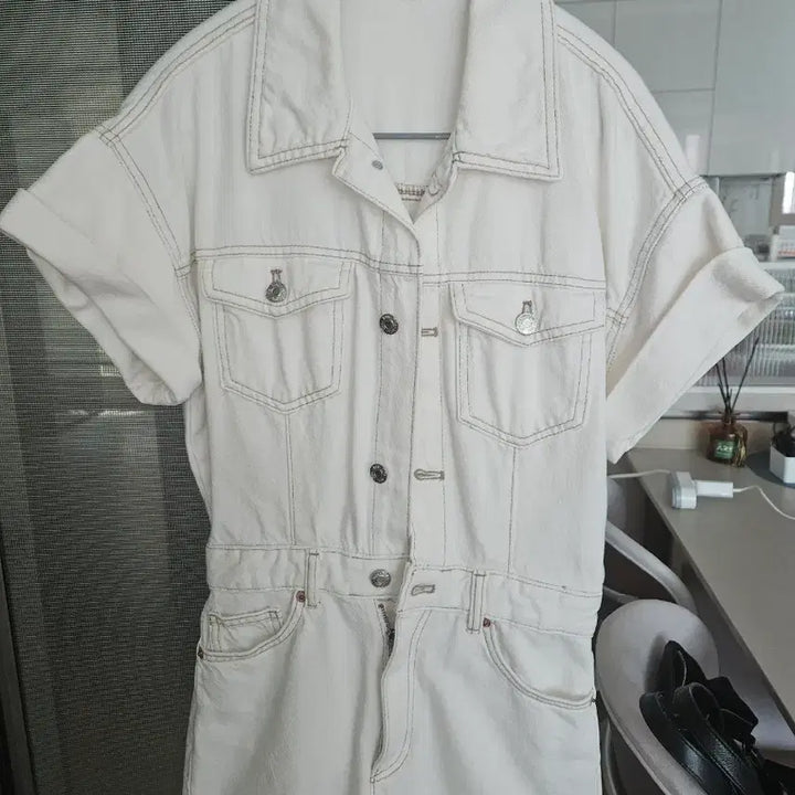 [BUNJANG] Zara White Denim Short Sleeve Jumpsuit / 자라 화이트 데님 반팔 점프수트