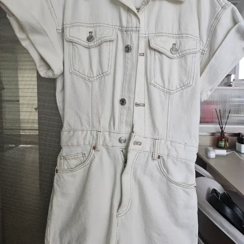 [BUNJANG] Zara White Denim Short Sleeve Jumpsuit / 자라 화이트 데님 반팔 점프수트