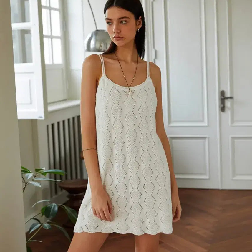 [BUNJANG] Oursalty See-Through Knit Mini Dress White / 아우어솔티 시스루 니트 원피스