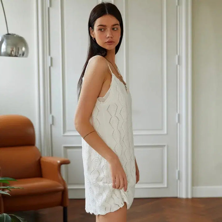 [BUNJANG] Oursalty See-Through Knit Mini Dress White / 아우어솔티 시스루 니트 원피스